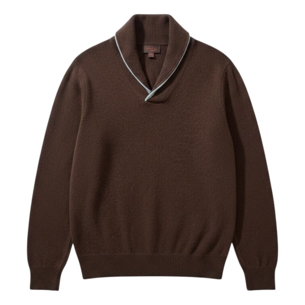 Tre Vero Shawl Collar Cashmere Sweater Y2K Mens XL Brown Contrast Trim Preppy